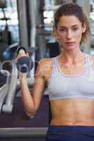 Fit woman using the weights machine for her arms