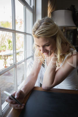 Pretty blonde sitting by the window sending a text