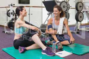 Fit friends chatting together on exercise mats