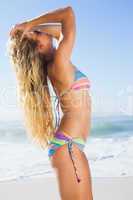 Gorgeous blonde in bikini and sunglasses on the beach posing