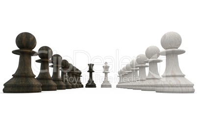 Wooden chess pieces facing off