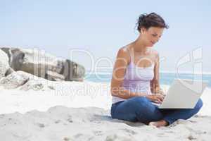 Pretty brunette using laptop on the beach