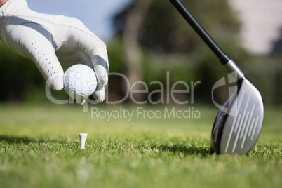 Golfer placing golf ball on tee