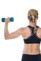 Female bodybuilder holding a blue dumbbell