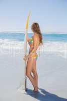 Beautiful surfer girl standing on the beach with her surfboard