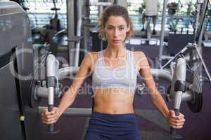 Fit woman using the weights machine for her arms