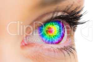 Psychedelic eye looking ahead on female face