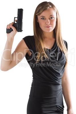 Femme fatale pointing gun up
