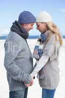 Attractive couple standing on the beach in warm clothing