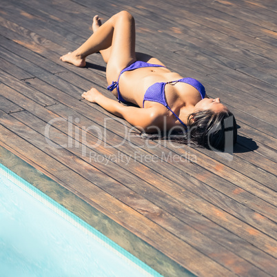 Slim brunette in purple bikini lying poolside