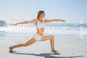 Gorgeous blonde in warrior pose by the sea