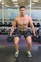 Shirtless determined bodybuilder lifting heavy black dumbbells