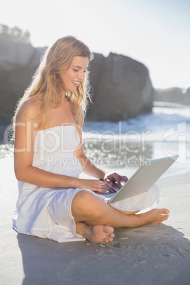 Beautiful smiling blonde in sundress using tablet on the beach