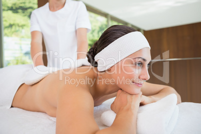 Beauty therapist rubbing smiling womans back with heated mitts