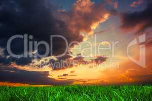 Green grass under dark blue and orange sky