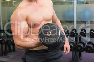 Shirtless bodybuilder lifting heavy black dumbbell