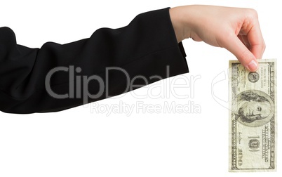 Businesswomans hand holding hundred dollar bill