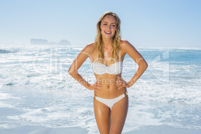 Gorgeous blonde in white bikini standing by the sea