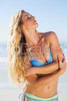 Gorgeous blonde in bikini on the beach posing