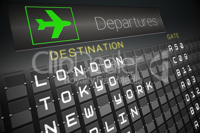 Black departures board for major cities
