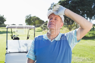 Happy golfer looking at camera with golf buggy behind