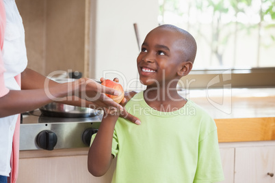 Little boy taking an apple from his mother