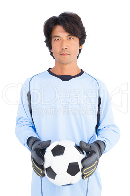 Goalkeeper in blue holding ball