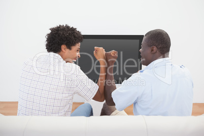 Football fans cheering in front of tv