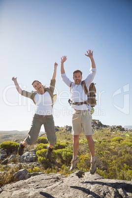 Hiking couple jumping and cheering on rocky terrain