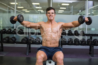 Muscular man exercising with dumbbells in gym