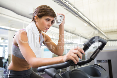 Fit brunette working out on the exercise bike