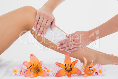 Therapist waxing womans leg at spa center