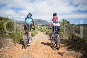 Fit couple cycling on mountain trail