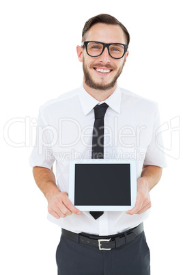 Geeky businessman showing his tablet pc