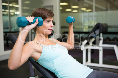 Fit brunette lifting dumbbells on bench