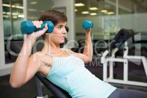 Fit brunette lifting dumbbells on bench