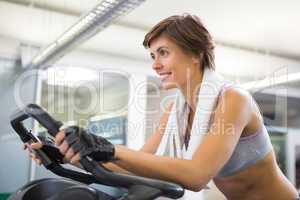 Fit smiling woman working out on the exercise bike