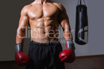 Mid section of a shirtless muscular boxer