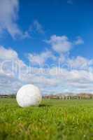 Football on pitch under blue sky