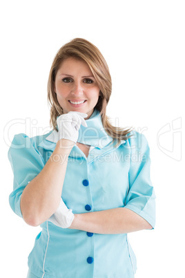 Beautiful stewardess dressed in blue uniform