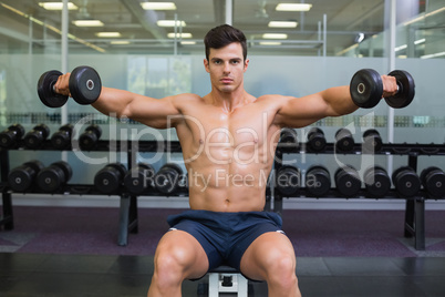 Muscular man exercising with dumbbells in gym