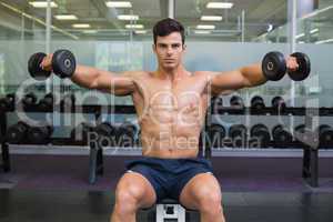 Muscular man exercising with dumbbells in gym