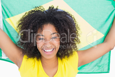 Pretty girl in yellow tshirt holding brazilian flag smiling at c
