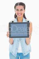 Pretty student showing her tablet pc