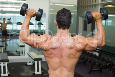 Rear view of shirtless muscular man exercising with dumbbells