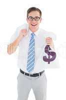 Geeky happy businessman holding bags of money