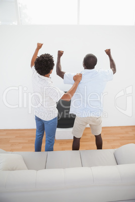 Football fans standing and cheering in front of tv