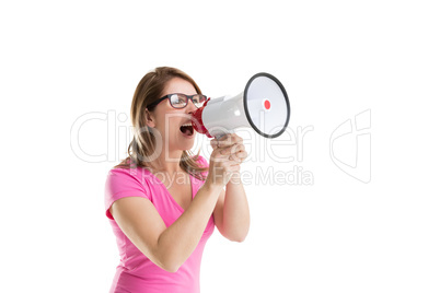 Young woman shouting into bullhorn