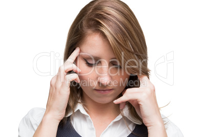 Close up of beautiful young businesswoman with headache