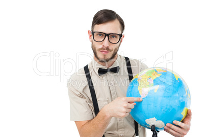 Geeky hipster holding a globe